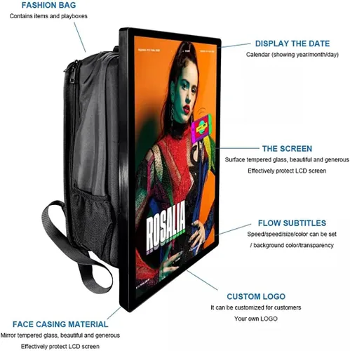 Vista 4 de Welaso Mochila de publicidad video LCD de 21 pulgadas, relación de resolución de 1920 * 1080, cartelera digital de mochila para caminar humana