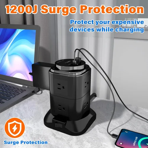 Vista 6 de cable de extensión con temporizador USB, 8 salidas de CA con 4 puertos USB (2 USB C), protector de sobretensiones 1200J de 6.56 pies, cable