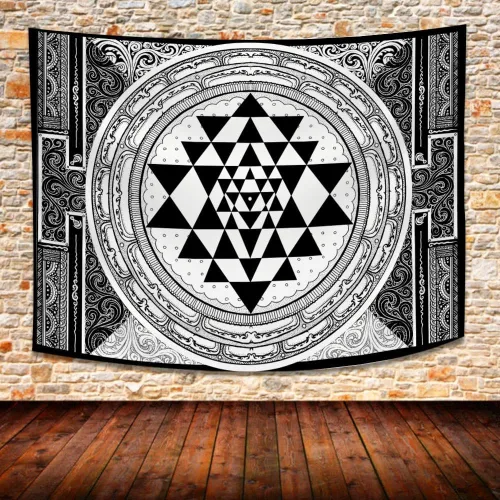 Vista 7 de SHRAPHY Tapiz Sri Yantra de 60 x 40 pulgadas, tapiz de meditación sentado, geometría sagrada, tapiz de arte blanco y negro para colgar en la pared