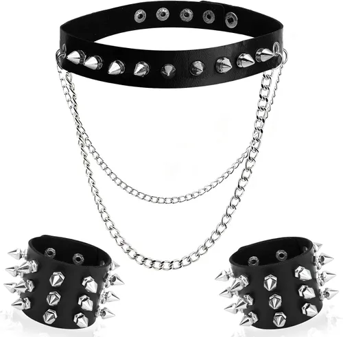Vista 9 de Pulsera de Halloween, collares, accesorios de cuero con tachuelas, con tachuelas emo, punk, góticas, collares para mujeres y hombres
