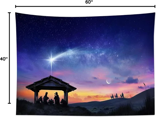 Vista 8 de LB Tapiz de Natividad de Jesús, tres hombres sabios, tapiz para colgar en la pared, tapiz de estrella de Belén, póster cristiano de Navidad