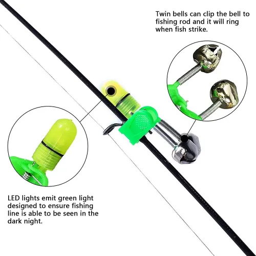 Vista 2 de Campanas de pesca Clips con luz LED Night Sea Fishing Rod Clip de luz LED con campanas gemelas anillo indicador de alarma de mordedura de pesca