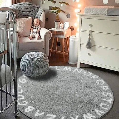 Vista 2 de Lahome ABC Alphabet - Alfombra redonda para niños, 3 pies de diámetro, color gris, lavable, alfombra antideslizante para bebé, colección suave