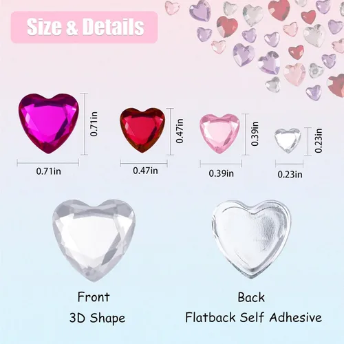 Vista 5 de REDANHA 516 calcomanías de corazón de diamantes de imitación acrílicas, autoadhesivas, gemas de corazón, rojo, rosa, transparente, rosa, rojo