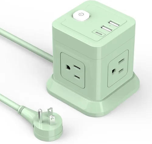 Vista 9 de FDTEK - Tira de alimentación USB C de 2 clavijas, 4 tomas de corriente, 3 USB, cable de extensión de 5 pies, color blanco 2 Prong Desktop Charging