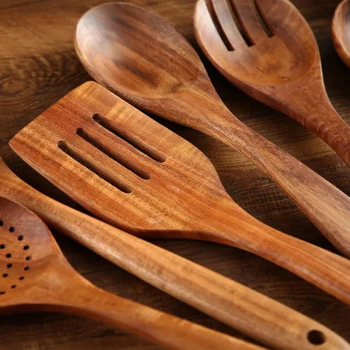 Vista 4 de Juego de utensilios de cocina de madera, 7 cucharas y espátulas de madera de teca natural para sartén antiadherente