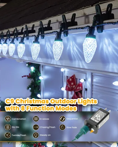 Vista 2 de Minetom Luces de Navidad C9 para Exteriores, Cadena de 85 pies con 110 LED y 8 Modos de Iluminación, Luces de Navidad C9 Impermeables, Conectables