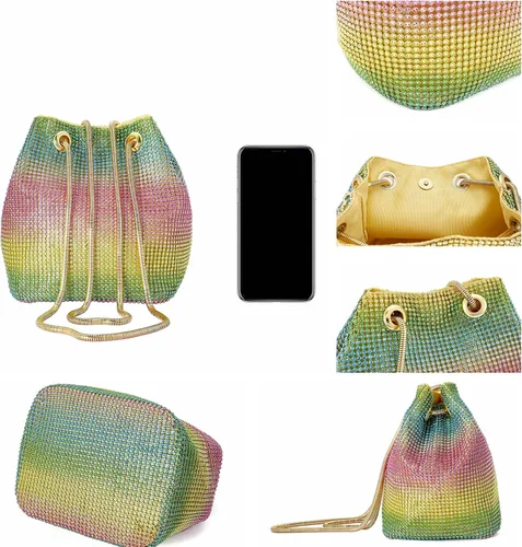 Vista 6 de Ayliss Bolso de cubo completo con diamantes de imitación para mujer, minihombro cruzado pequeño, bolso de mano brillante de noche