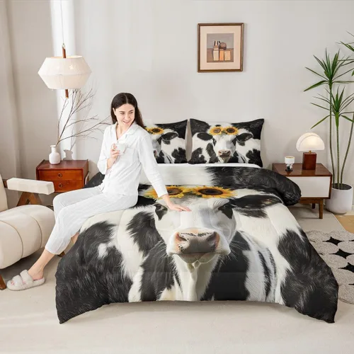 Vista 5 de Erosebridal Juego de ropa de cama con estampado de vaca, juego de edredón con estampado de piel de vaca, juego de ropa de cama de ganado