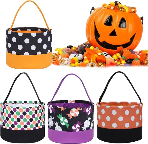 Vista 5 de Cubo de dulces de Halloween, bolsa de dulces de Halloween, bolsa de lona para Halloween, cesta de calabaza y calavera a rayas con asa
