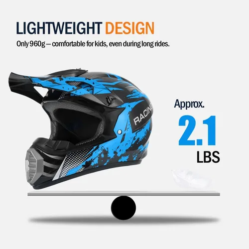 Vista 4 de Casco para niños y jóvenes para bicicleta de tierra, motocross, todoterreno, motocicleta, ATV, UTV, bicicleta de calle, Combo de guantes, gafas