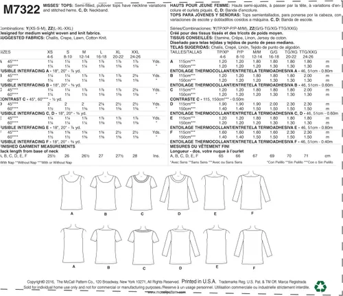 Vista 2 de McCall's Patrones M7322 Misses' Pullover Tops, Y (XS-S-M)
