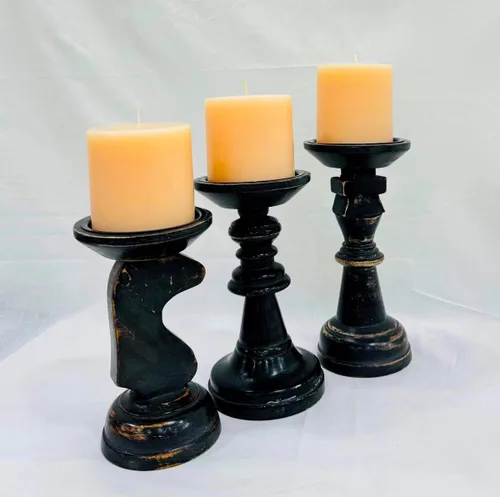Vista 2 de Portavelas de madera negros para velas de pilar, portavelas de madera de granja, decoración de centro de mesa, portavelas con forma de piezas