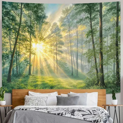 Vista 9 de Kanuyee Tapiz de bosque verde, tapiz de paisaje para pared, tapices de naturaleza para techo y pared, colgante para dormitorio, sala de estar