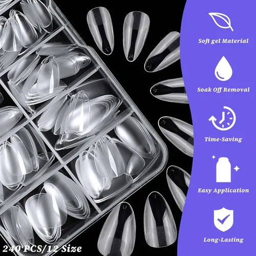 Vista 3 de 240 puntas de uñas de gel de almendra, uñas postizas cortas, uñas postizas transparentes, puntas de uñas de almendra extra cortas, puntas de uñas