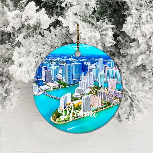 Vista 2 de America Miami Cityscape - Adorno de Navidad de cerámica con dos caras impreso, 3 pulgadas, divertido círculo de cerámica de Navidad para Año Nuevo