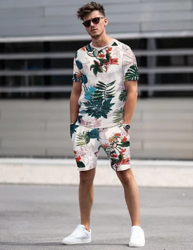 Vista 2 de COOFANDY Conjunto de camiseta hawaiana para hombre, trajes de playa florales de 2 piezas