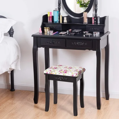 Vista 2 de Giantex Taburete de tocador de madera, silla acolchada, asiento de piano de maquillaje, banco de maquillaje con cojín rosa (negro)