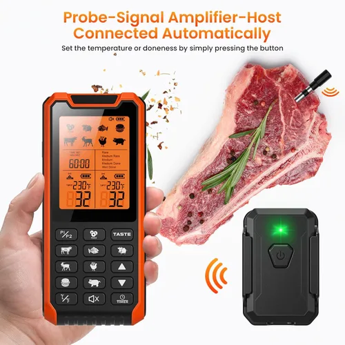 Vista 2 de Termómetro inalámbrico de carne de 300 pies con 2 sondas, recargable, termómetro digital de cocina digital recargable con función de alarma