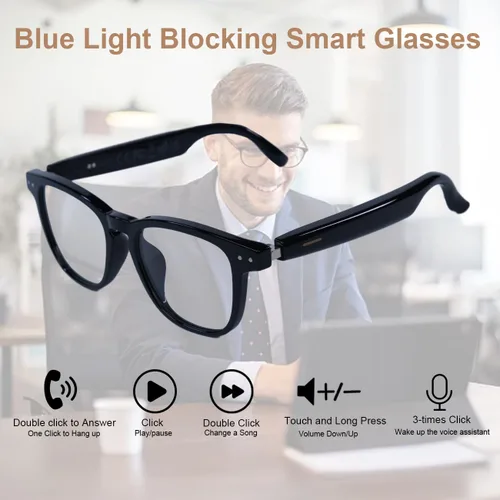 Vista 4 de Lentes inteligentes AI, lentes de traducción Bluetooth anti luz azul con 164 llamadas manos libres y audio, lentes de sol inteligentes