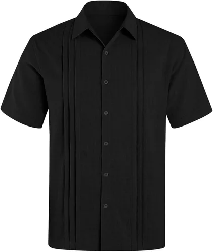 Vista 4 de Guayabera - Camisas de lino de algodón cubano de manga corta con botones, estilo casual, cuello para la playa
