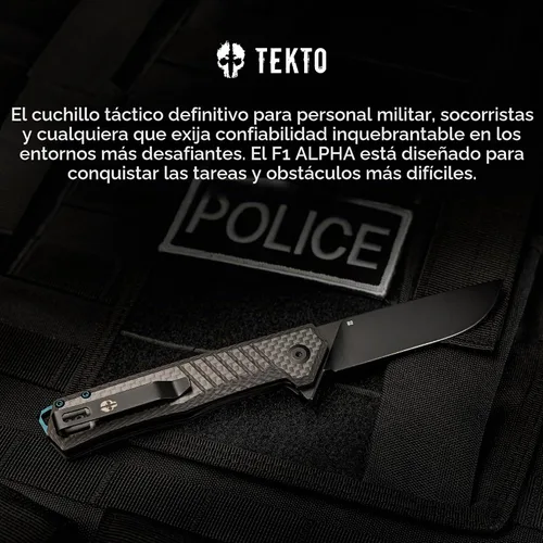 Vista 4 de TEKTO F1 Alpha - Cuchillo de bolsillo plegable, hoja trasera recta modificada, acero D2 recubierto de titanio, cuchillo táctico, cuchillos