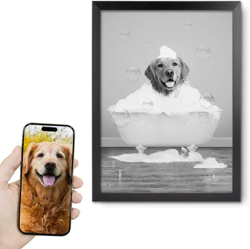 Vista 44 de kvtiwee retrato personalizado de mascota a partir de foto, arte de pared en lienzo de gato en el inodoro, arte de baño divertido en blanco y negro