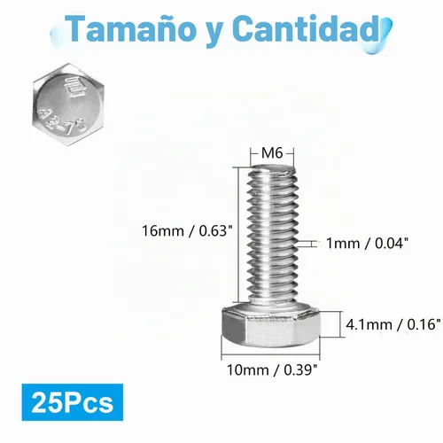Vista 2 de 25 Piezas M6 Tornillos Hexagonales M6-1.0 x 16mm Tornillo de Cabeza Hexagonal 304 Acero Inoxidable M6-1.0mm Tornillos Hexagonales Tornillos