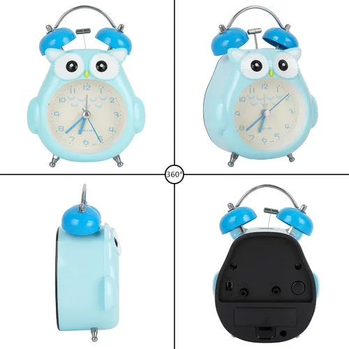 Vista 6 de Reloj despertador para niños, diseño de búho de dibujos animados, timbre fuerte, despertador, sin tictac, reloj de escritorio con luz nocturna