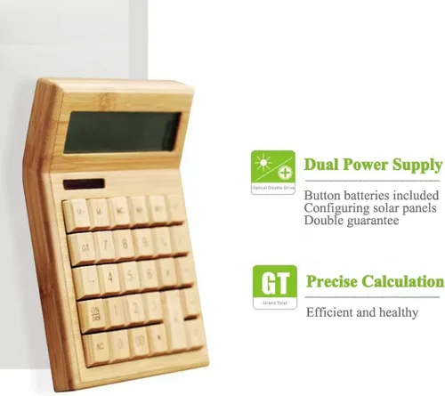 Vista 5 de Omio Calculadora solar de bambú natural, calculadora de escritorio de madera multifuncional de 12 dígitos con 29 teclas grandes, herramienta