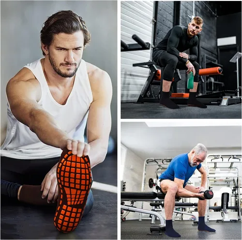 Vista 3 de ELUTONG Calcetines antideslizantes para hombre, 3 pares de tapetes de madera, antideslizantes, para entrenamiento, yoga, pilates, hospital
