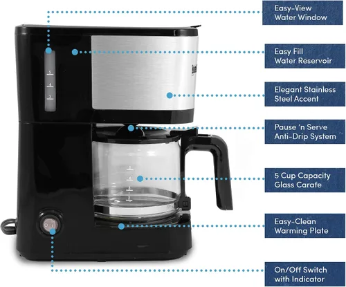 Vista 2 de Elite Gourmet EHC9420 Cafetera automática de 5 tazas para preparar café por goteo con filtro reutilizable, pausa y sirve, interruptor de Acero