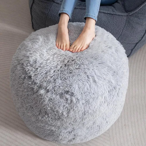Vista 11 de HIGOGOGO Puf Otomán Redondo Relleno, Pufs Largos de Piel Sintética con Relleno de Trozos de Espuma, Puf Reposapiés Esponjoso y Peludo Otomán