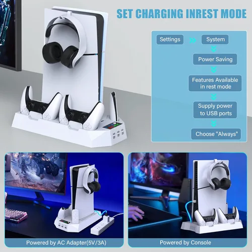 Vista 8 de PS5 PS5 Slim Stand and Cooling Station with Dual Controller Charging Station for PlayStation 5 Console, PS5 Accessories Incl. Controller Charger