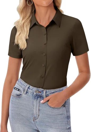 Vista 20 de siliteelon Camisa de vestir con botones para mujer, ajustada, elástica, de manga corta, sin arrugas, sólida, formal, para el trabajo
