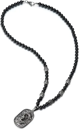 Vista 2 de COOLSTEELANDBEYOND Collar de cuentas para hombre de estilo gótico con colgante de escudo de cabeza de león de acero inoxidable