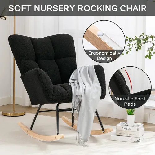 Vista 4 de Silla mecedora moderna para cuarto de bebé, silla deslizadora tapizada con respaldo alto, sillón de acento mecedor con patas de madera maciza