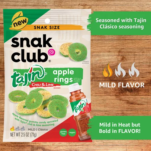 Vista 3 de Snak Club Tajin Anillos de Manzana, Bocadillos Gomosos Dulces y Sabrosos, Tamaño de Aperitivo de 2.5oz, 12