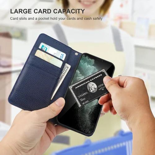 Vista 4 de Bocasal Funda de piel auténtica tipo cartera para iPhone 11, carga inalámbrica, bloqueo RFID, soporte para tarjetas de crédito, función atril, funda