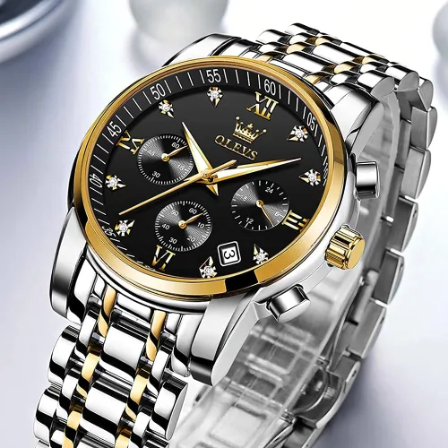 Vista 5 de OLEVS Reloj de pulsera para hombre con esfera multifunción, impermeable, luminoso, analógico, reloj de cuarzo con correa de acero inoxidable