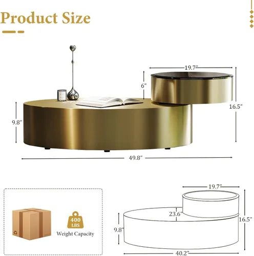 Vista 3 de Mesa auxiliar giratoria ovalada dorada, mesa central de lujo moderna de 2 niveles con parte superior redonda giratoria de 360°, mesa de té con base