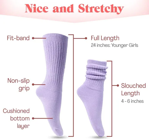 Vista 4 de HOT FEET Slouch Socks for Women 2 Pairs and Little Girls 6 Pairs - Colorful Scrunch Socks, 80s 90s Long Knee High Socks.