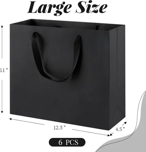 Vista 2 de Ohuimrt 6 bolsas grandes de regalo negras con asas, 12.5 x 4.5 x 11 pulgadas, bolsas de papel negro mate de alta calidad para fiestas, compras