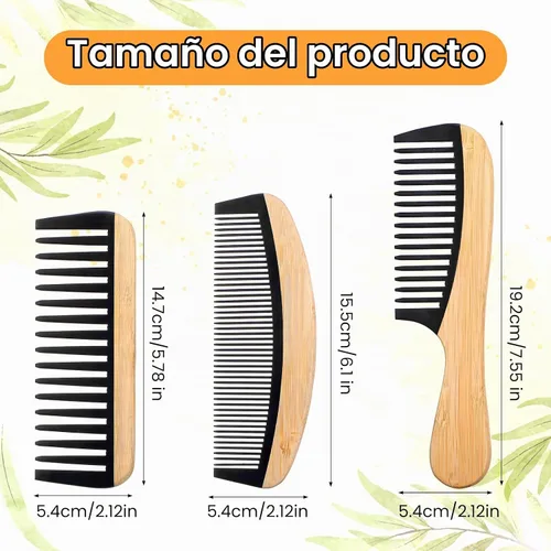 Vista 2 de Juego de 3 peines de bambú para dientes anchos, peine de madera para cabello rizado, grueso, húmedo, antiestático, con dientes de baquelita, peines