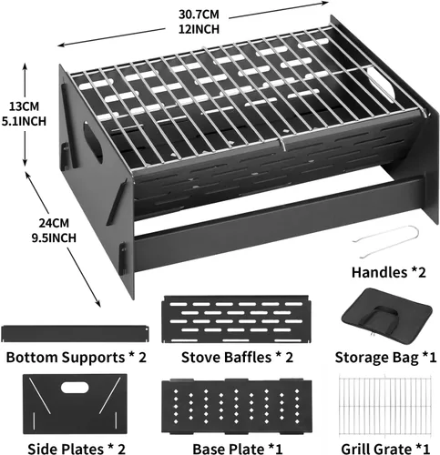 Vista 2 de Parrilla de carbón portátil plegable de 12" para acampar Negro