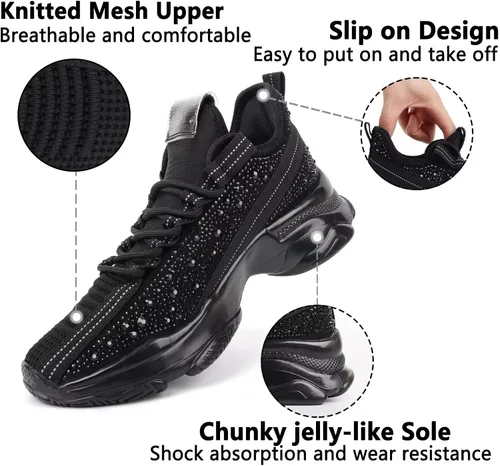 Vista 4 de MAIITRIP Zapatos deportivos con diamantes de imitación para mujer, zapatos brillantes de punto de malla con brillantina, zapatos elegantes y gruesos