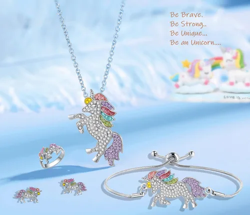 Vista 2 de SHWIN Regalos de unicornios para niñas, joyas para niños, paquete de 2 o 4 unidades, collar de unicornio, pulsera, aretes, anillo de joyería, regalo