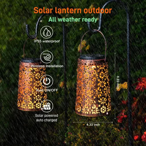 Vista 4 de Faroles solares colgantes para exteriores, paquete de 2 Metal, impermeable, iluminación decorativa, multiuso