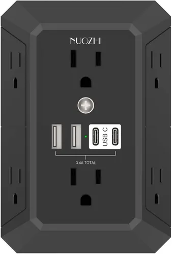 Vista 12 de Cargador de pared, protector de sobretensiones, extensor de 5 salidas con 4 puertos de carga USB (2USB-C), adaptador de enchufe múltiple de 3 lados