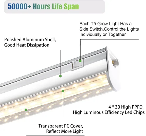 Vista 4 de RWNTAO Luces de cultivo para plantas de interior, espectro completo de 3000 K, lámpara de cultivo de plantas de 1 pie con interruptor lateral